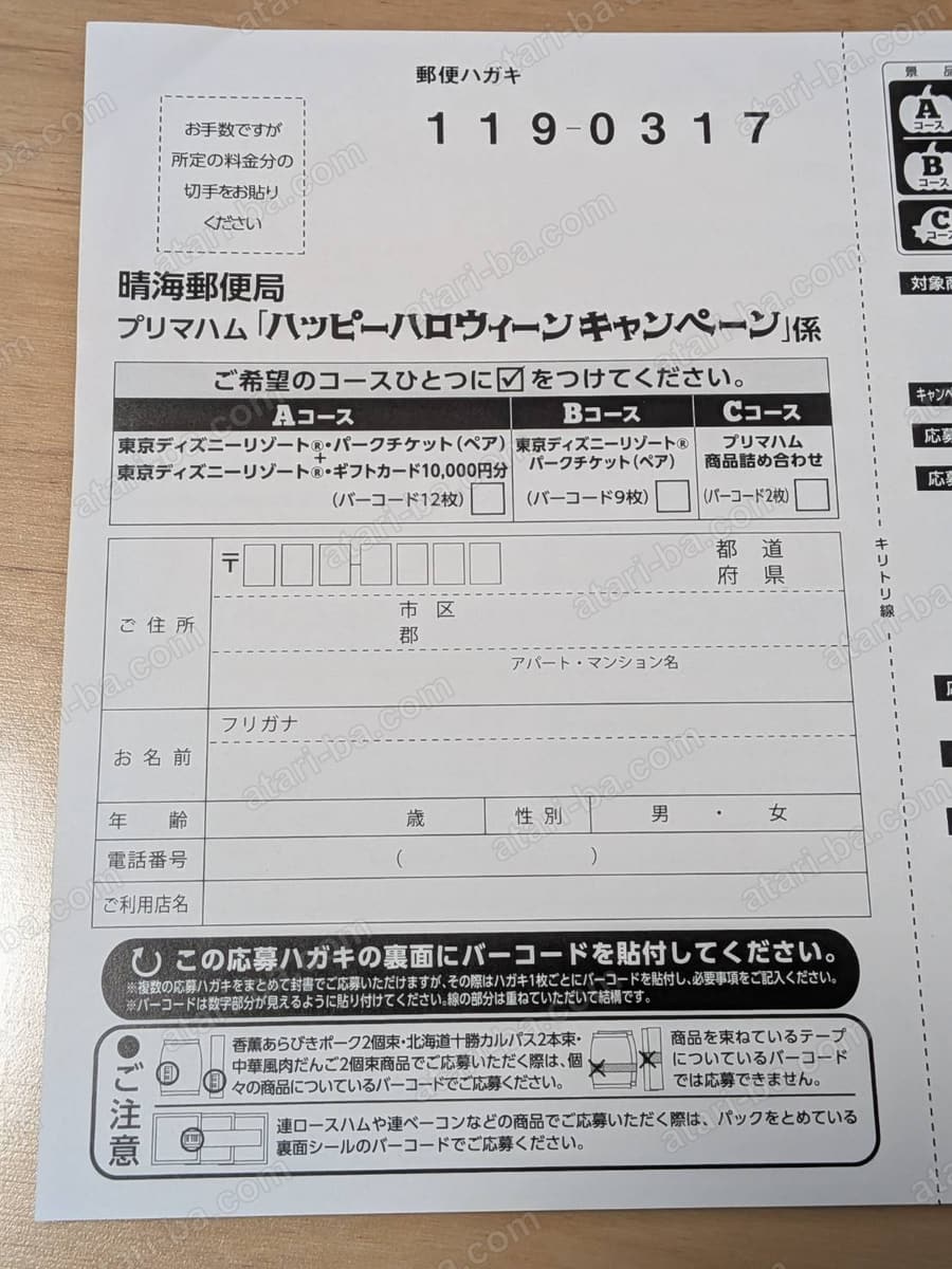 応募ハガキの記入面全体。郵便番号119-0317と宛先、コース選択欄、住所・氏名・年齢・性別・電話番号・ご利用店名の記入欄が並んでいる