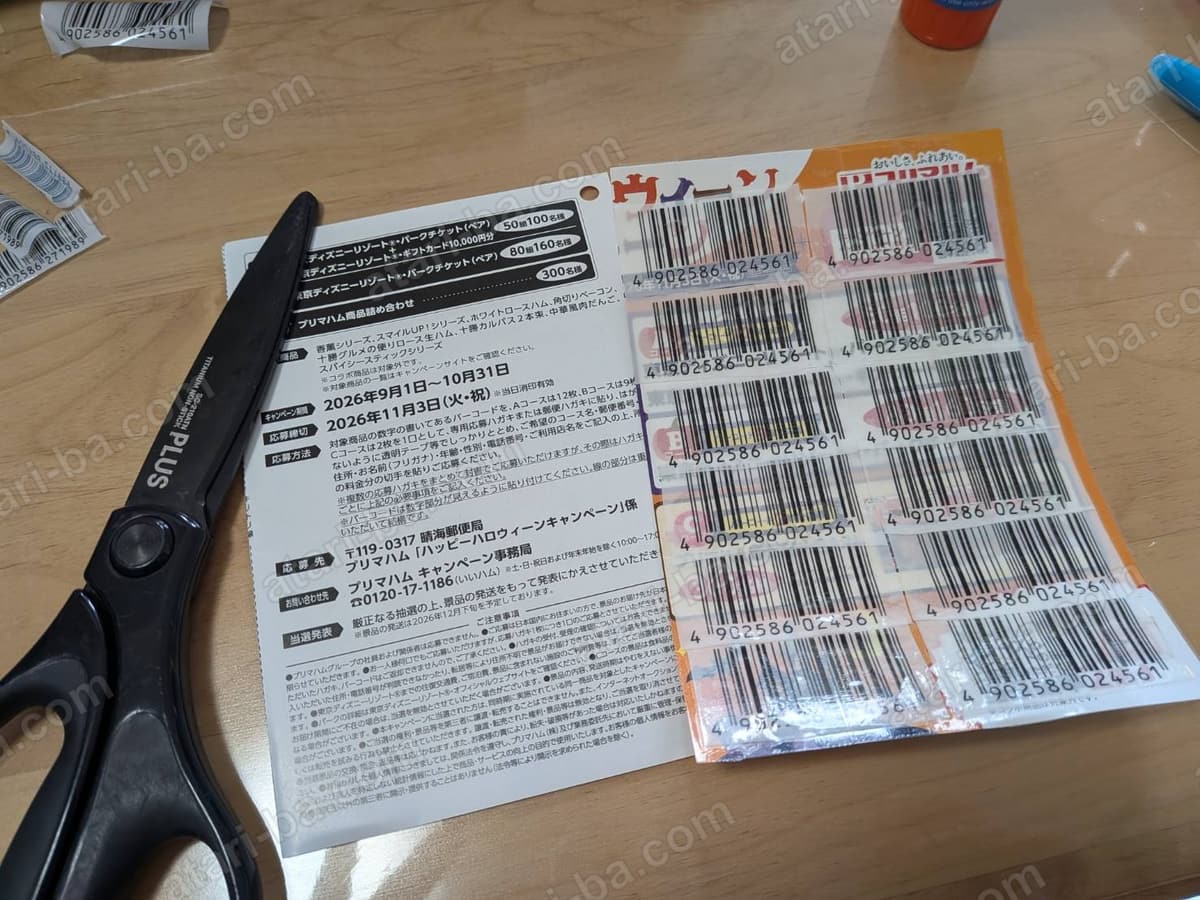 はさみと、バーコードを貼り終えたリーフレット。応募ハガキの部分を切り取り線に沿って切り離すところ