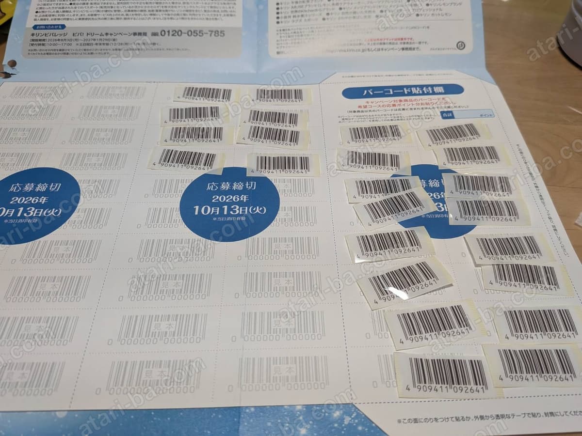 応募用紙を開いた状態。右側のバーコード貼付欄に、のりづけ前のバーコードが並べて置かれている