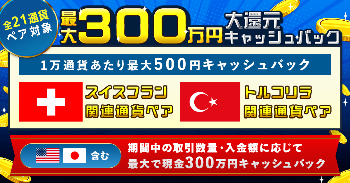 取引数量・入金額に応じて最大300万円！大還元キャッシュバックキャンペーン