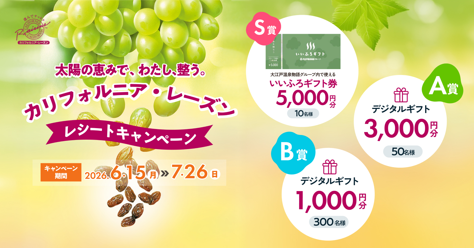 太陽の恵みで、わたし、整う。カリフォルニア・レーズンレシートキャンペーン
